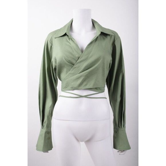 Jonathan Simkhai Womens Sonoma Wrap Shirt Crop Top Linen Sz 6 Green NWT - Picture 1 of 6
